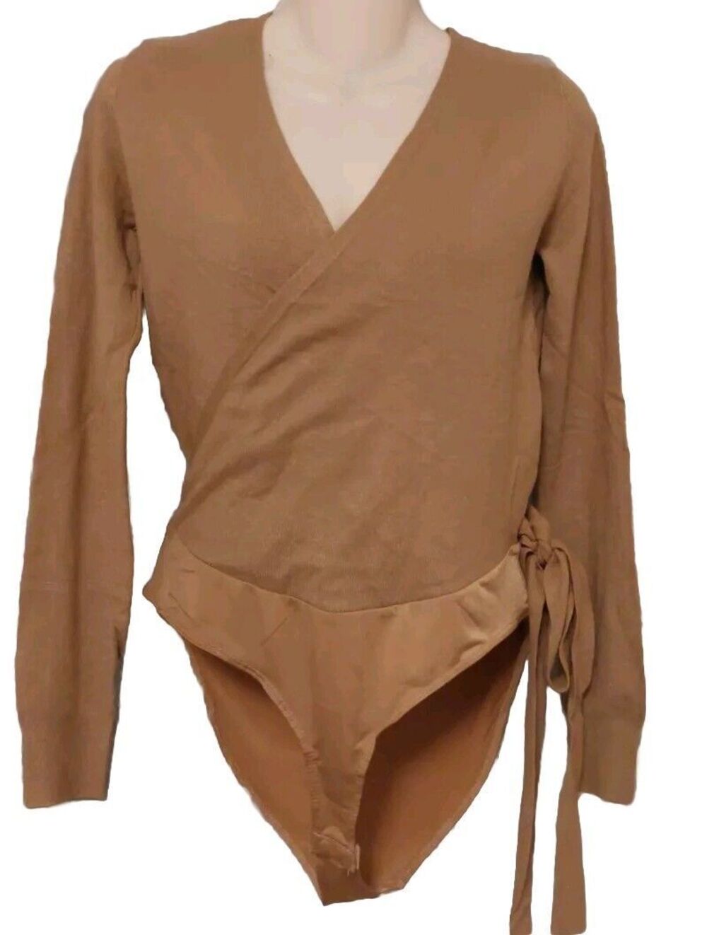Olivaceous Lt Brown Soft Faux Wrap Bodysuit V Neck L Tie Lightweight Sweater